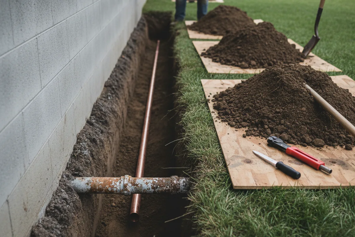 Excavated water line trench during Sewer Line Repair in Wallis